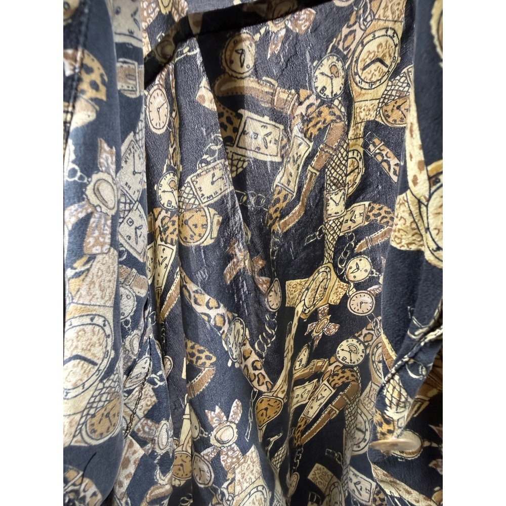 Natalie & Me Vintage 100% Silk Watch leopard Print Button Shirt Large Black 90s - Picture 9 of 9